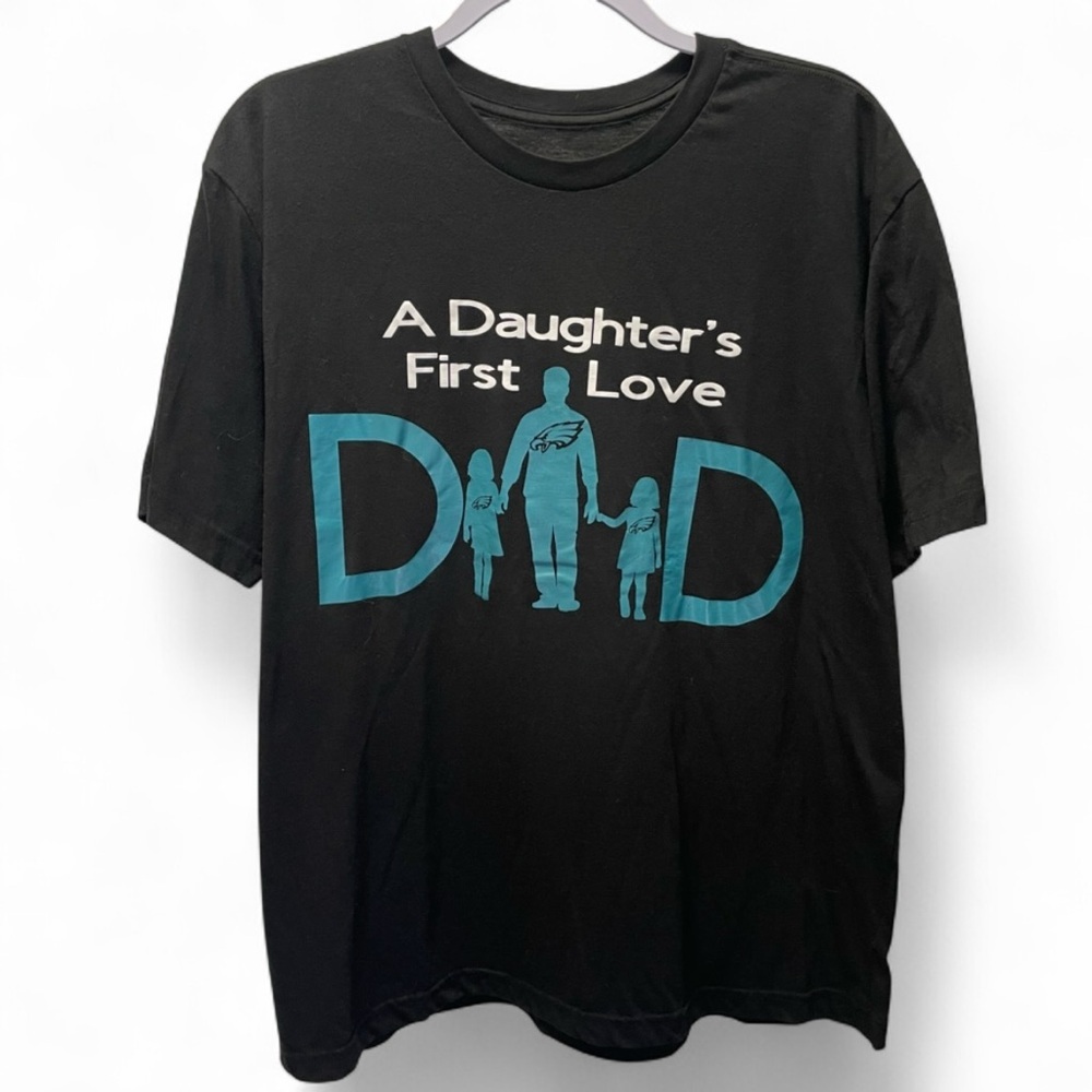 GEORGE Men's L Black Teal Tee "A Daughter's First Love DAD" Philadelphia Eagles